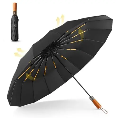Produktbild: MidingChai Regenschirm Groß Sturmfest, Regenschirm Holzgriff, Taschenschirm Automatik, Umbrella Windproof XXL Groß & Stabil für 2 Personen Damen & Herren, 108 cm Ø mit 16 Rippen, Schwarz