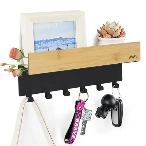 Produktbild: MidingChai Schlüsselbrett mit Ablage, Schlüsselhalter Wand, Schlüsselboard, mit Ablage und 6 Haken, Material aus Bambusholz und Kohlenstoffstahl, für Eingangsbereich