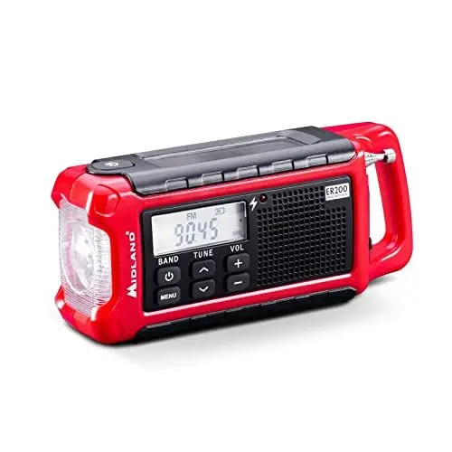 Produktbild: Midland ER200 - Multifunktionales tragbares Aufziehradio, Notfall-Powerbank 2600 mAh und LED Taschenlampe, Solar, Handkurbel und USB AM/FM Radio - 1 Notfallradio, wiederaufladbare Akkus und USB-Kabel