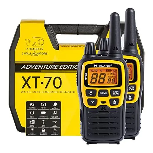 Produktbild: Midland XT70 Adventure PMR-Walkie Talkie Kofferset, 2x Funkgeräte mit bis zu 12 km Reichweite, mit LCD-Display und Micro-USB-Ladebuchse, für Kinder und Outdoor