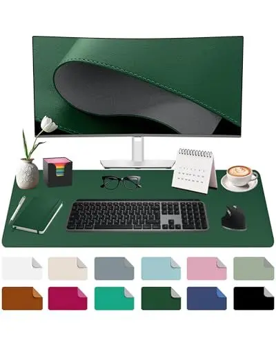 Produktbild: Midori Schreibtischunterlage, 80 x 40 cm PU-Leder Tischunterlage in Dunkelgrün mit Randnähten | Mauspad mit rutschfester Kunstwildleder Unterseite