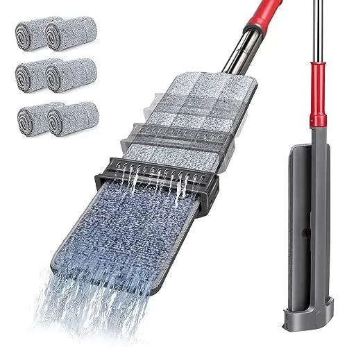Produktbild: Midyb Wischmopp mit Auswringfunktion, Flacher Bodenwischer mit 147m Teleskopstiel, Mikrofaser Wischer Boden mit 6 Wiederverwendbare Moppkopf, Moppie Wischmop für Hartholz Laminat Fliesen
