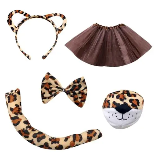 Produktbild: MIFKLMV 5 PCS Leoparden Kostüm Set, Children's Animal Costume, Inklusive Leopardengesichts Leopardenohren Fliege Schwanz Tutu Rock, Tierkostüm Set für Kinder Karneval Cosplay