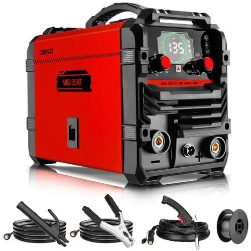 Produktbild: MIG Elektroden Schweißgerät 135A 220V: DEKO 3-in-1 Fülldraht Schweißgerät ohne Gas, MIG/MMA/Lift TIG, Interver Schweissgerät, DC IGBT, ARC Welder, LED-Anzeige, mit Synergischem Drahtvorschub, Rot