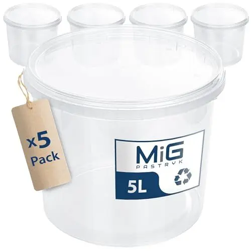 Produktbild: MIG Transparente Eimer mit Deckel 5L - 5X 5L Luftdicht & Lebensmittelecht Plastikeimer mit Deckel - Stapelbare Kleine Eimer für Haushalt & Industrie -Ideal Kübel mit Deckel zum Einlegen & Lagern