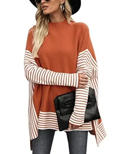 Produktbild: Migcaput Damen Pullover Oversized Langarm Rundhals Fledermausärmel 2023 Herbst Rippstrick Jumper Seitenschlitz Strickpullover Orange M