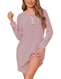 Produktbild: Migcaput Nachthemd Damen Lang Nachtwäsche Streifen Langarm mit Knopfleiste Taschen Nachtkleid Langen Ärmeln Negligee bequem Sleepshirt Rot S