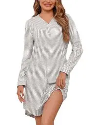Produktbild: Migcaput Nachthemd Damen Langarm Nachtwäsche Streifen Tasche Nachtkleid V-Ausschnitt Negligee Lang mit Knopfleiste Sleepshirt Grau L