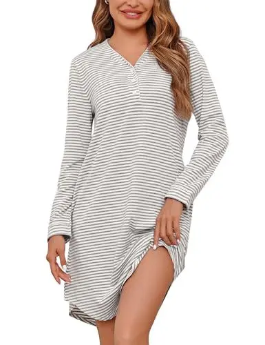 Produktbild: Migcaput Nachthemd Damen Langarm Nachtwäsche Streifen Tasche Nachtkleid V-Ausschnitt Negligee Lang mit Knopfleiste Sleepshirt Grau L