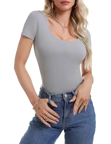 Produktbild: Migcaput T-Shirt Damen Basic Kurzarm Crop Top Casual Y2K Oberteile U-Neck Slim Fit Sommer Shirt Bauchfreies für Frauen Grau XL