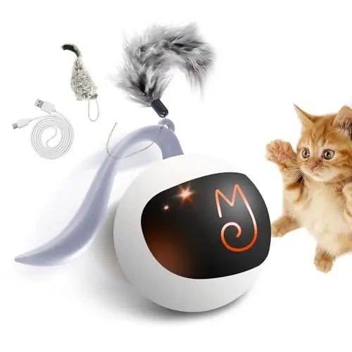 Produktbild: Migipaws Katzenspielzeug, elektrisch beweglicher Ball, Plüschmäuse und Federn als zusätzliches Spielzeug, DIY N in 1 Haustiere Intelligenter automatischer Teaser, USB wiederaufladbar (weiß)