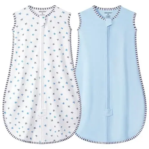 Produktbild: MIKAFEN 2er Pack Baby Schlafsack Sommer Ärmellos 0.5 Tog,100% Baumwolle Kinder Sommerschlafsack für Jungen und Mädchen (Sterne&Hellblau,6-14 Monate)