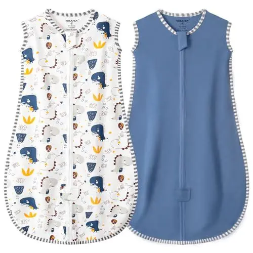Produktbild: MIKAFEN 2er Pack Baby Schlafsack Sommer 0.5 Tog,100% Baumwolle Kinder Sommerschlafsack für Jungen und Mädchen, Dinosaurier & Dunkelblau,0-6 Monate