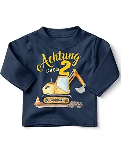 Produktbild: miKalino Baby/Kinder Longsleeve mit Spruch Achtung ich Bin Zwei 2 Bagger Schaufelbagger Langarm Shirt für Jungen und Mädchen | Geschenkidee, Farbe:Navy, Grösse:92-98
