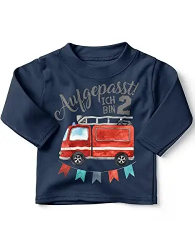 Produktbild: miKalino Baby/Kinder Longsleeve mit Spruch Aufgepasst ich Bin Zwei 2 Feuerwehrauto Langarm Shirt für Jungen und Mädchen | Geschenkidee, Farbe:Navy, Grösse:92-98