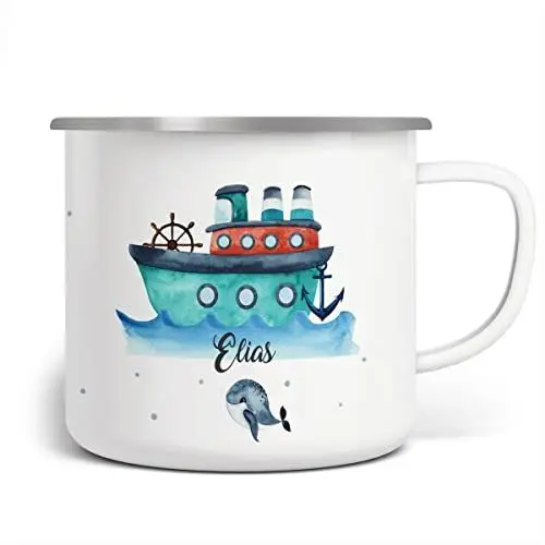 Produktbild: miKalino Emaille Tasse Buntes Schiff personalisierte Kindertasse mit Wunschnamen bedruckt Emaille Becher Emailletasse | handbedrucktes Geschenk, Farbe:weisssilber, Grösse:300ml