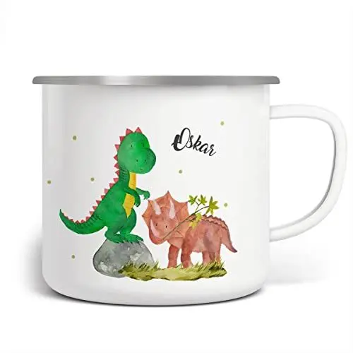 Produktbild: miKalino Emaille Tasse Dinosaurier personalisierte Kindertasse mit Wunschnamen bedruckt Emaille Becher Emailletasse | handbedrucktes Geschenk, Farbe:weisssilber, Grösse:300ml