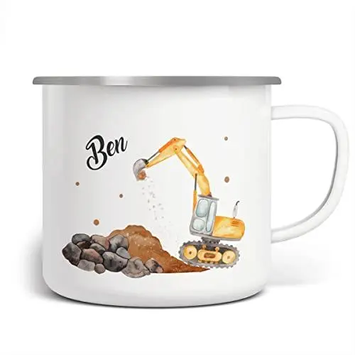 Produktbild: miKalino Emaille Tasse Jungs - Trinkbecher Kinder personalisiert - Emaille Becher mit Bagger-Motiv - Kindertasse mit Namen - Kindertasse bedruckt - Emaille Becher Weiß