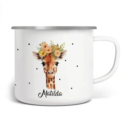 Produktbild: miKalino Emaille Tasse Mädchen - Trinkbecher Kinder personalisiert - Emaille Becher mit Giraffe-Motiv - Kindertasse mit Namen - Kindertasse bedruckt - Emaille Becher Weiß, Farbe:weisssilber