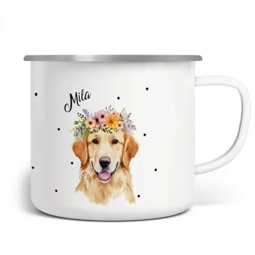Produktbild: miKalino Emaille Tasse Mädchen - Trinkbecher Kinder personalisiert - Emaille Becher mit Golden Retriever-Motiv - Kindertasse mit Namen - Kindertasse bedruckt - Emaille Becher Weiß, 300ml