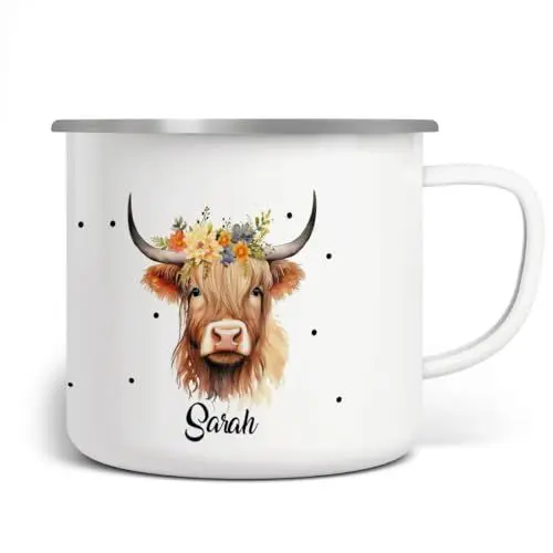 Produktbild: miKalino Emaille Tasse Mädchen - Trinkbecher Kinder personalisiert - Emaille Becher mit Kuh-Motiv - Kindertasse mit Namen - Kindertasse bedruckt - Emaille Becher Weiß, Farbe:weisssilber