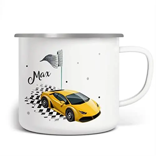 Produktbild: miKalino Emaille Tasse Schnelles Rennauto personalisierte Kindertasse mit Wunschnamen bedruckt Emaille Becher Emailletasse | handbedrucktes Geschenk, Farbe:weisssilber, Grösse:300ml