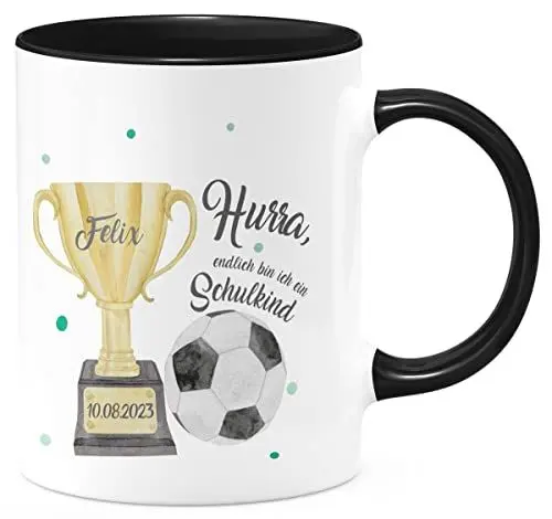 Produktbild: miKalino Keramik Tasse Hurra, endlich bin ich ein Schulkind Fussball personalisiert mit Wunschname und Datum | Kaffee Becher Kaffeetasse Geschenk, Farbe:schwarz, Grösse:330ml