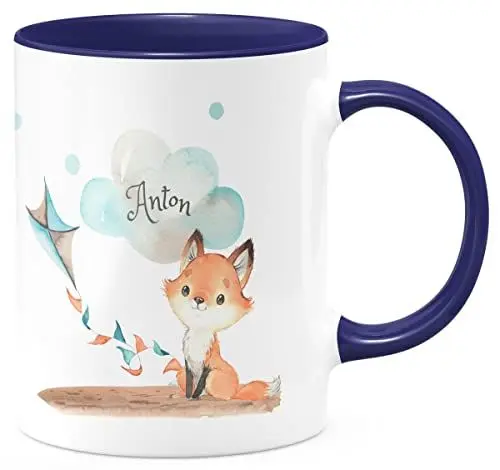 Produktbild: miKalino Keramik Tasse Kleiner Fuchs mit Wunschname | Kaffee Becher Kaffeetasse Geschenk, Farbe:kobalt, Grösse:330ml
