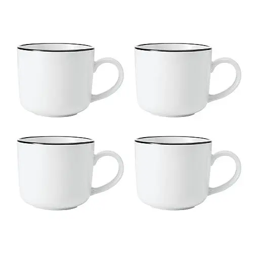 Produktbild: MIKASA Limestone Porzellanbecher Set, 4x Porzellanbecher mit schwarzem Rand für Tee und Kaffee, 360ml| Geschenkkarton & spülmaschinenfest