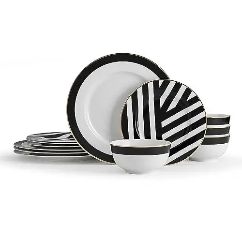 Produktbild: Mikasa Luxe Deco 12-teiliges Porzellanservice, Tafelservice für 4 Personen mit geometrischem Druck | 4x Speiseteller, 4x Beilagenteller & 4x Schalen - spülmaschinenfest
