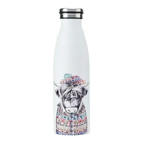 Produktbild: MIKASA Tipperleyhill Doppelwandige Edelstahlflasche, 500ml vakuum-isolierte Getränkeflasche hält Getränke kalt und heiß, BPA-freie Edelstahlflasche mit Hochlandkuh-Aufdruck