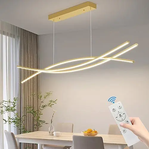Produktbild: Mikeru LED Pendelleuchte esszimmer, 36W 100cm Moderne Kücheninsel Leuchten Gold, Lineare Hängelampe Dimmbar mit Fernbedienung, Höhe 150cm einstellbar 10%-100% Einstellung der Farbtemperatur
