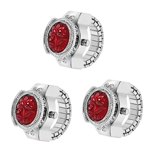 Produktbild: Mikikit 3 Stück Rote Männer Mit Valentinsgruß-Erntedank-Uhr- Rosenförmige Geschenkuhren Rund Für Elastische Dekorative Edelstein-Blumen-Weihnachtsbänder Offene Uhr-Geschenk-Klappe