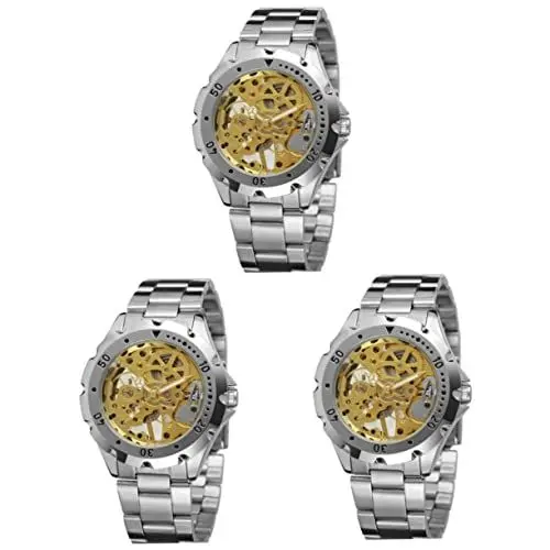 Produktbild: Mikikit 3stücke Automatische Mechanische Armbanduhr Für Und Damen Edelstahlband Gold Und Silber Präzise Zeitmessung Design Für Business Und