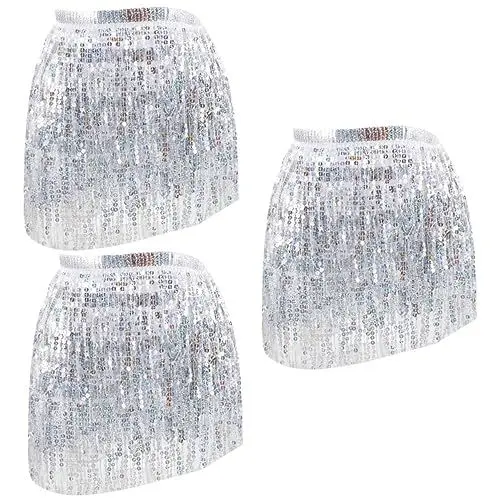 Produktbild: Mikikit Partykostüm 3-Teiliges Party-Wickeltuch Mit Rosa Quasten Für Bühnen-Outfits Mädchen-Kleider Performance Damen Mädchen Halloween Pailletten Pailletten Kleidung Schwarz cm Musik Für