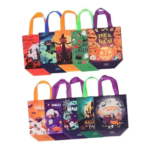 Produktbild: Mikinona 10 Stück Halloween Tragetaschen mit Griff Wiederverwendbare Süßigkeitentüten aus Robustem Material für und Einkäufe für Halloween Partys und Festliche Anlässe