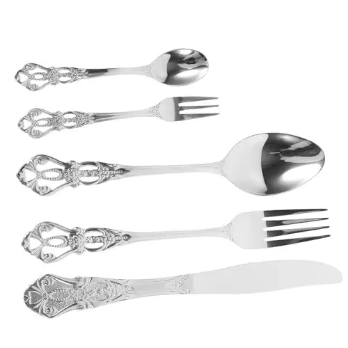 Produktbild: Mikinona Vintage Silberbesteck-set - 5-teiliges Set -löffel-set Aus Edelstahl Rustikales Küchenzubehör