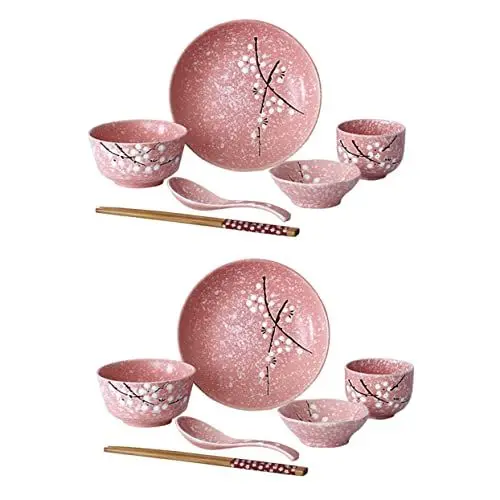 Produktbild: Mikinona Japanisches Keramikgeschirr-Set 12-teilig Geschirr-Set für eine Person Rosa elegante Geschirr-Sets