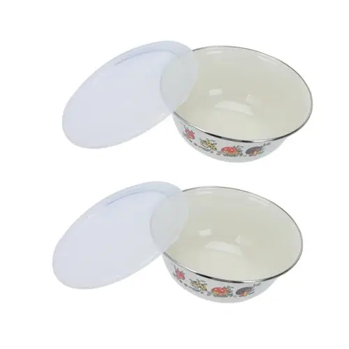 Produktbild: Mikinona 2 Sets Vintage Emaille Salatschüssel Set Deckel Rührschüssel Für Reis Nudeln Suppe Küchengeschirr Glatt Leicht Zu Reinigen