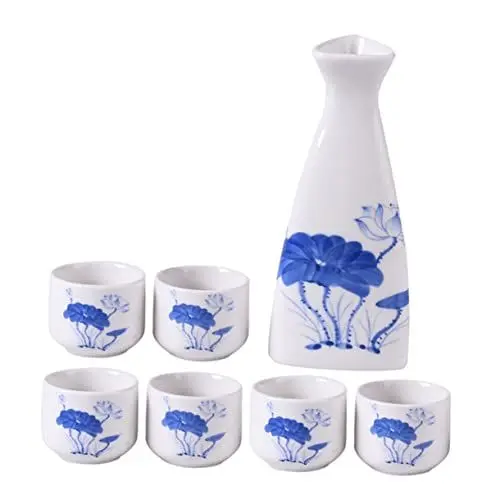 Produktbild: Mikinona 7st Weißweinglas Sake-becher Aus Keramik Sake-blaue Flasche Getränkebehälter Chinesische Sake-flasche Antike Weinspender Lotusmuster Weingläser Weinbehälter Mit Lotusmuster Trinken