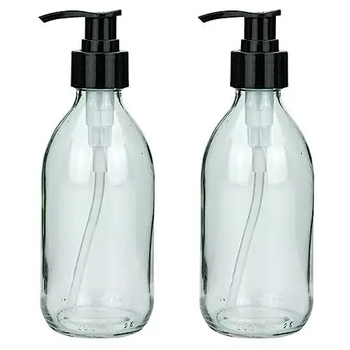 Produktbild: mikken 2 Seifenspender 250 ml Lotionspender Shampooflaschen Glas klar lebensmittelecht inkl. Beschriftungsetiketten