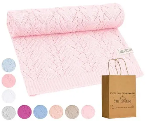 Produktbild: Mikos* 100% Bio-Baumwoll Leichte Babydecke - Ajourmuster - Perfekt für Sommer & Frühling - Strickdecke für Babys, Kinder und Neugeborene Hypoallergen 80x100cm (28) (Hellrosa)