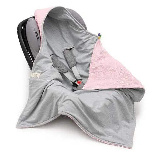Produktbild: Mikos® Einschlagdecke Babyschale Herbst Winter GOTS zert. 100% Bio Baumwolle Strickdecke Baumwolldecke für Autositz Für Kinderwagen Buggys z.B. Maxi Cosi 3 Punkt Gurt (45) (Rosa)