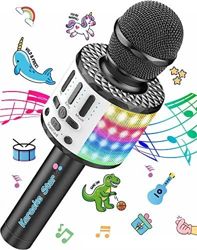 Produktbild: Mikrofon Karaoke 3-15 Jahre, Tragbares Bluetooth Handmikrofon mit LED Licht, Bluetooth Karaoke für Kinder und Erwachsene, Mädchen Jungen Geschenke, Zuhause KTV Kompatibel Android IOS PC -Schwarz