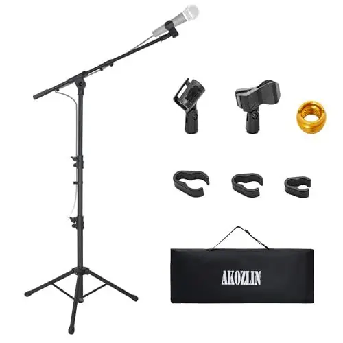 Produktbild: Mikrofonständer, Höhenverstellbarer Mikrofonstativ, Klappbarer Bodenständer mit Stativ, mit Tragetasche und 2 Mikrofonklammern, Microphone Stand für Gesang, Karaoke, Konzerte und Bühnenauftritte