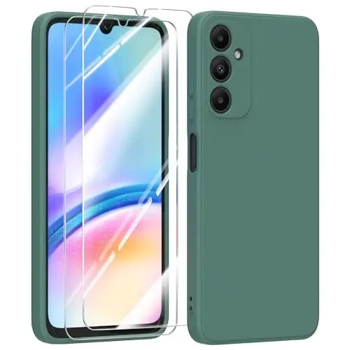Produktbild: MIKULLE Hülle für Samsung Galaxy A05s 4G HandyHülle + 2 Stück Schutzfolie,Dünn Weiche Liquid Silikon TPU Stoßfeste Schutzhülle mit Microfiber Case - Dunkelgrün