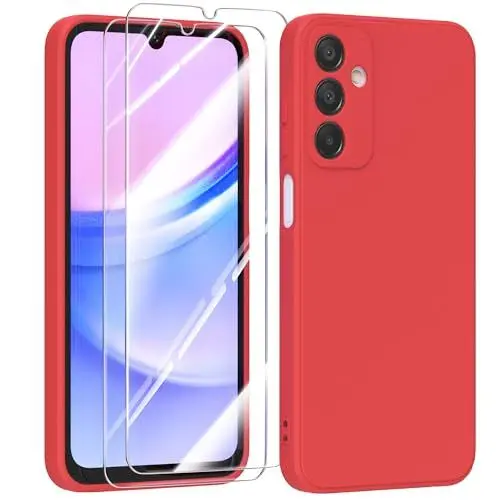 Produktbild: MIKULLE Hülle für Samsung Galaxy A15 4G / 5G HandyHülle + 2 Stück Schutzfolie,Dünn Weiche Liquid Silikon TPU Stoßfeste Schutzhülle mit Microfiber Case - Rot