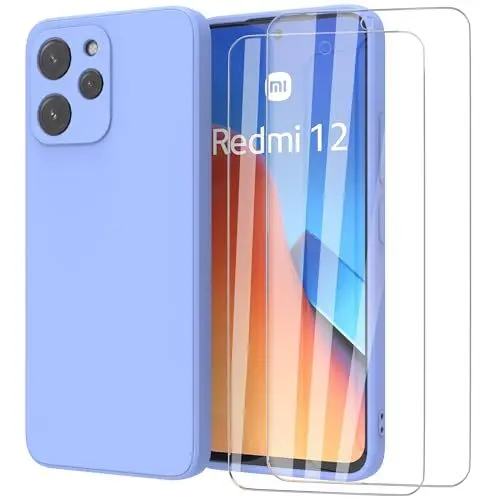 Produktbild: MIKULLE Hülle für Xiaomi Redmi 12 4G / 5G HandyHülle + 2 Stück Schutzfolie,Dünn Weiche Liquid Silikon TPU Stoßfeste Schutzhülle mit Microfiber Case - Violett