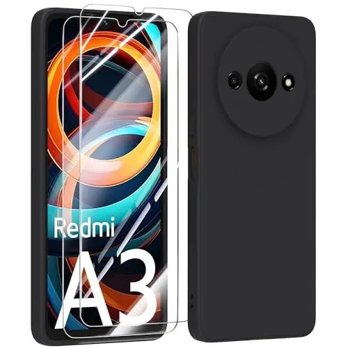 Produktbild: MIKULLE Hülle für Xiaomi Redmi A3 4G HandyHülle + 2 Stück Schutzfolie,Dünn Weiche Liquid Silikon tpu Stoßfeste Schutzhülle mit Microfiber Case - Schwarz
