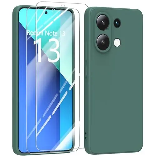 Produktbild: MIKULLE Hülle für Xiaomi Redmi Note 13 4G HandyHülle + 2 Stück Schutzfolie,Dünn Weiche Liquid Silikon TPU Stoßfeste Schutzhülle mit Microfiber Case - Dunkelgrün
